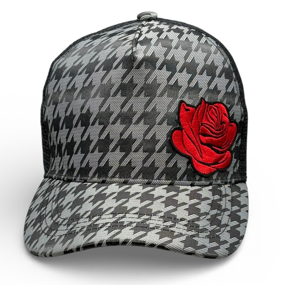 Houndstooth Trucker with Red Rose